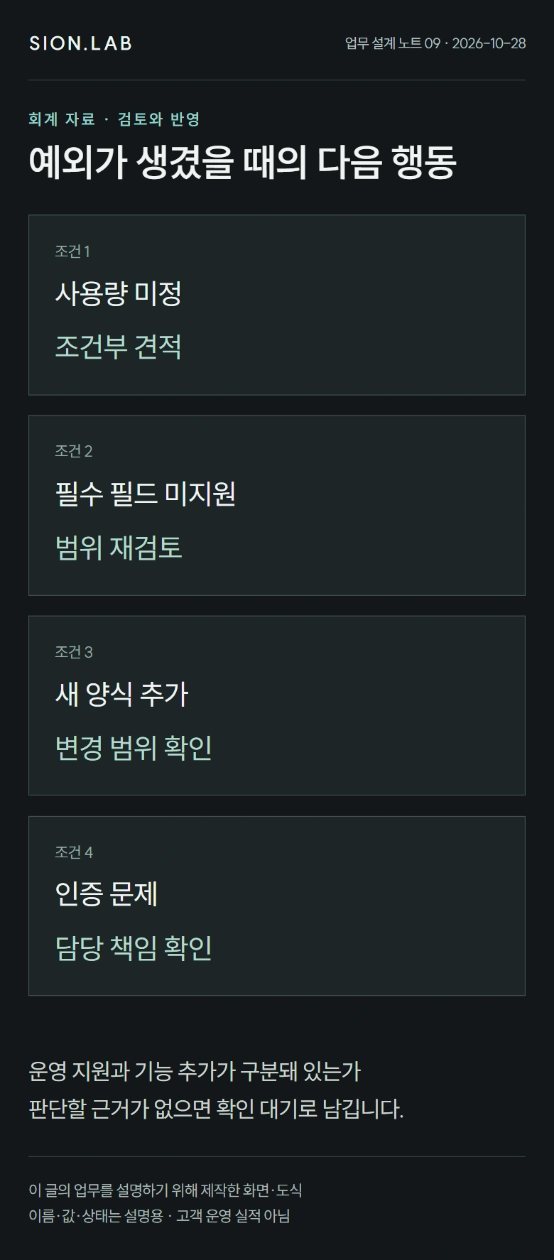 견적을 운영 책임으로 읽기 · 예외별 처리 카드