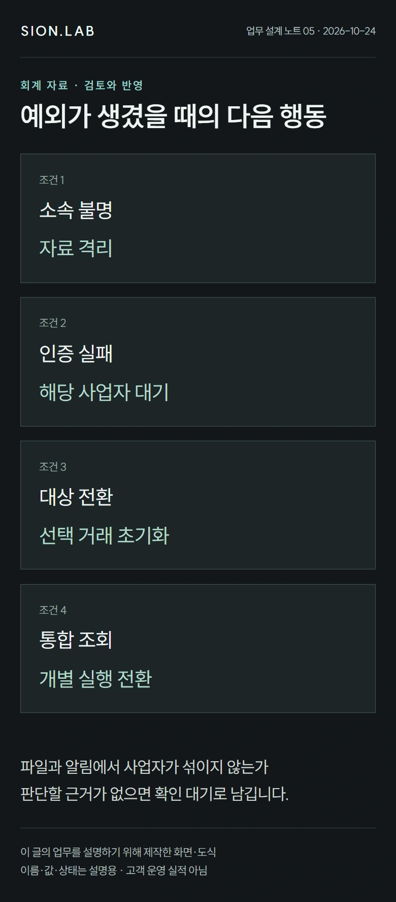 사업자별로 다른 수집 상태 · 예외별 처리 카드