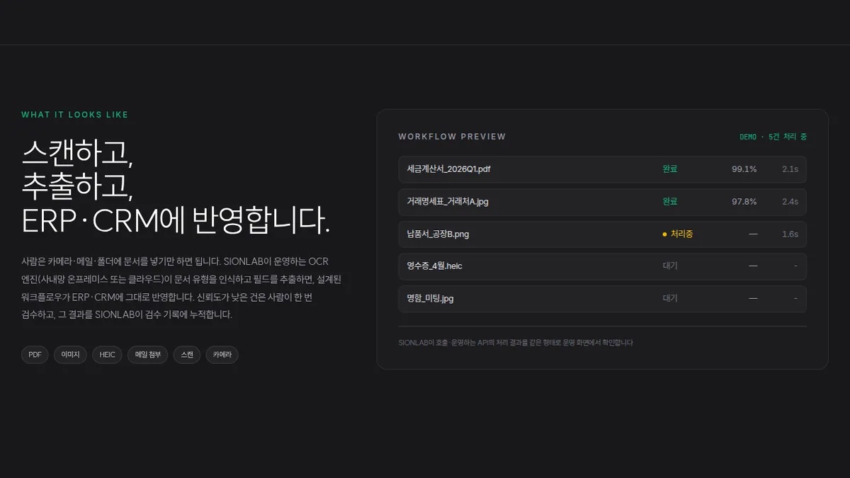 문서별 OCR 처리 상태와 신뢰도 예시를 보여주는 SION.LAB OCR 솔루션 공개 화면