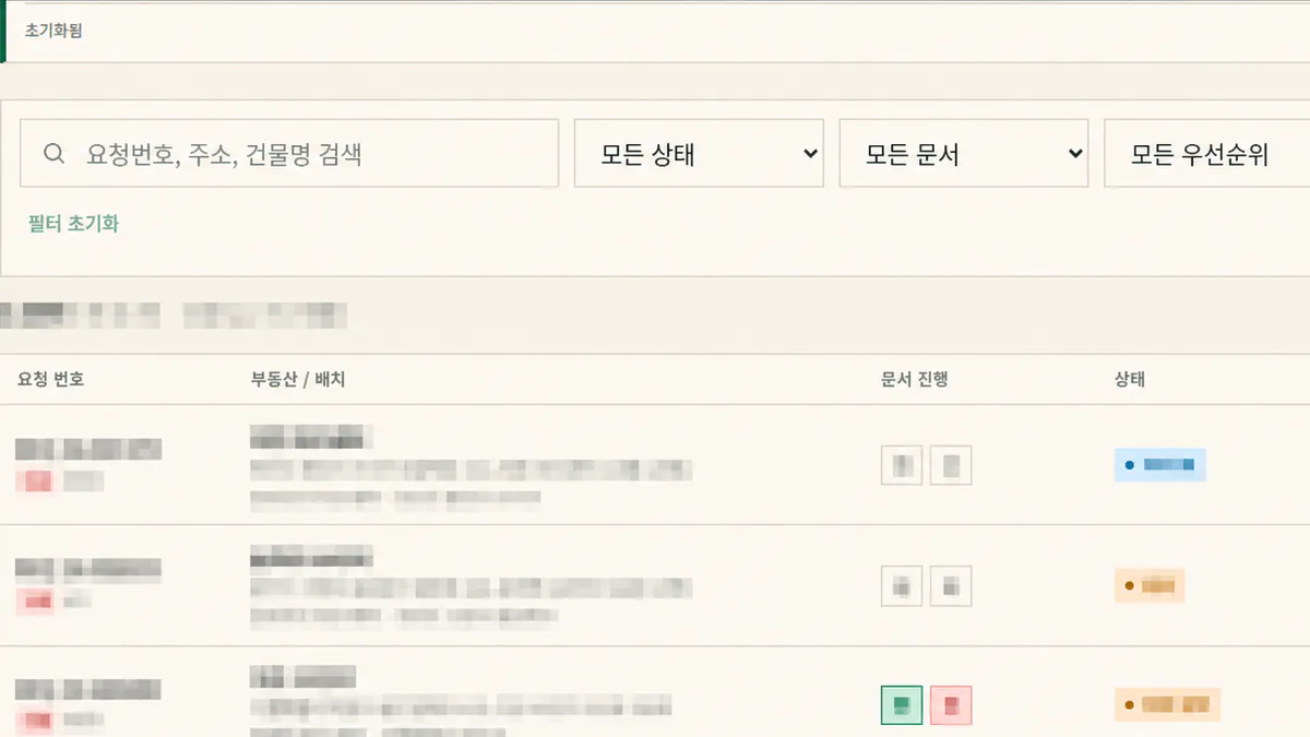 문서별 진행 상태와 부분 성공 대상을 구분한 부동산 문서 발급 운영 화면
